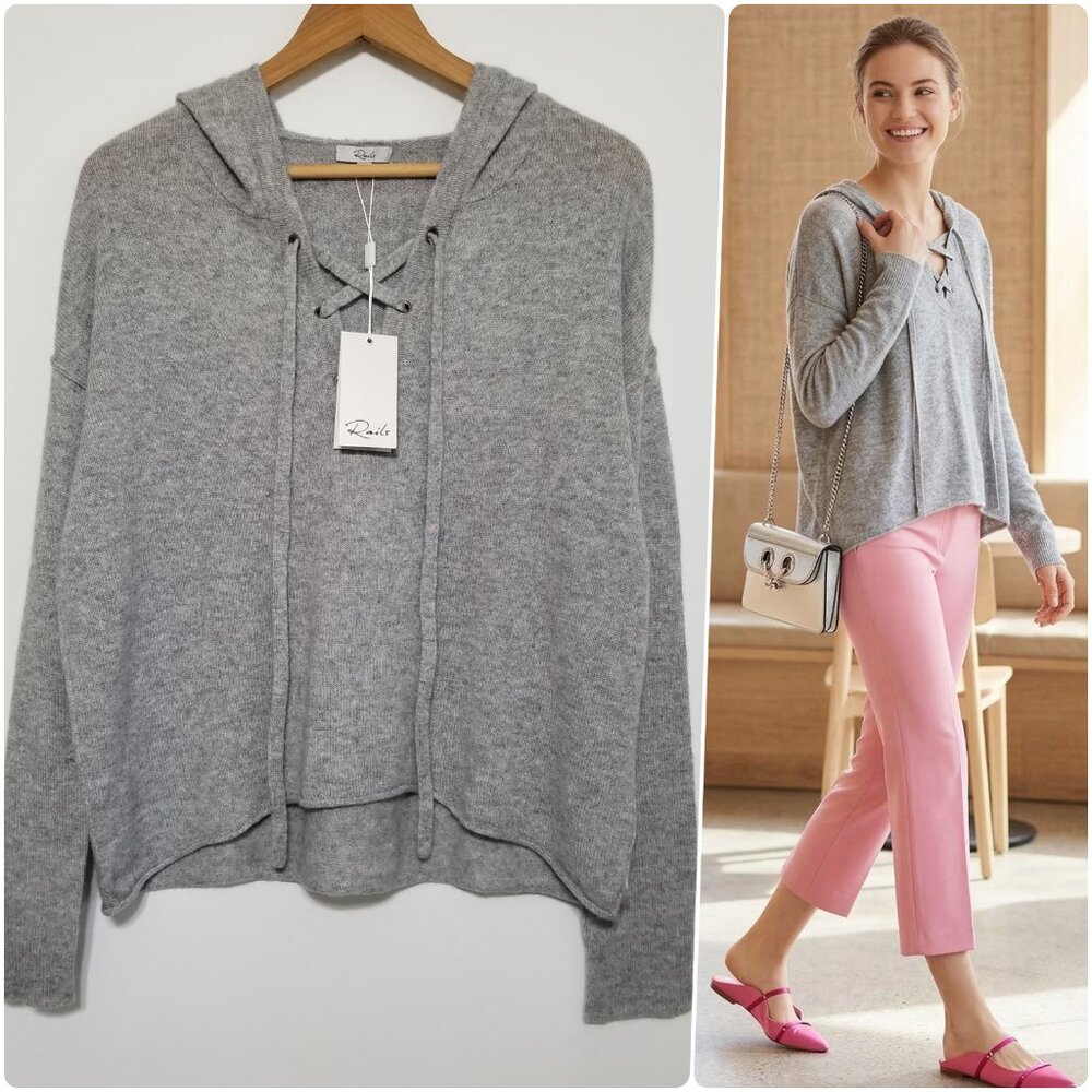 NWT Rails Dakota Lace-Up 100% Cashmere Hoodie Sweater Heather Grey Size M $248